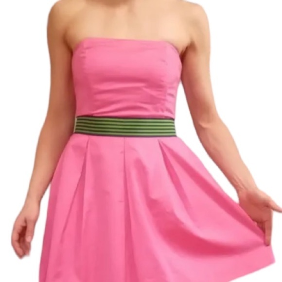 Lilly Pulitzer Dresses & Skirts - Lilly Pulitzer Pink Strapless Dress Sz 0 Green Belt Knee Length Fit Flare